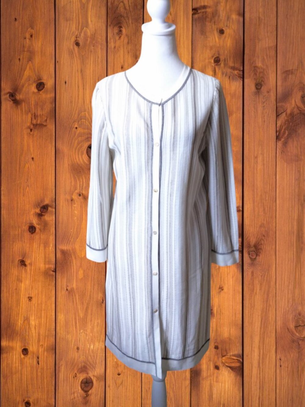 Misook Size Small Striped Button Front Dress Slit Textured Minimalist Neutral